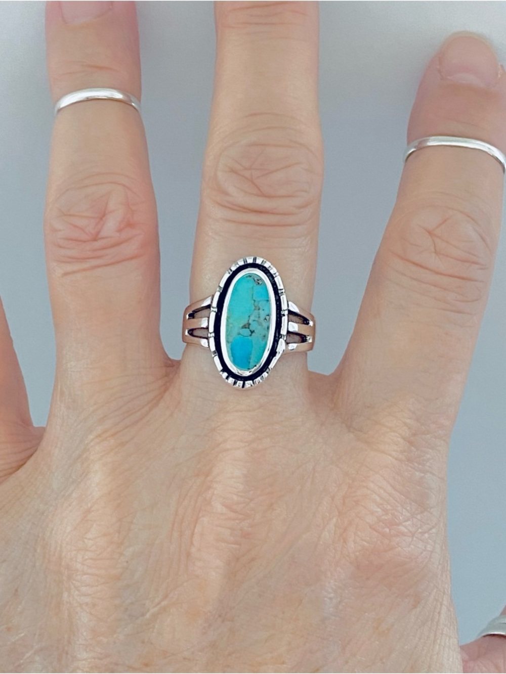 Sterling Silver Oval Genuine Turquoise Ring, Statement Rings, Stone Jewelry - Picture 3 of 14